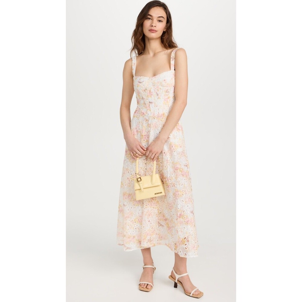 Bardot Lilah Sweetheart Corset A-Line Midi Dress Sz L Sunny Floral Eyelet Lace